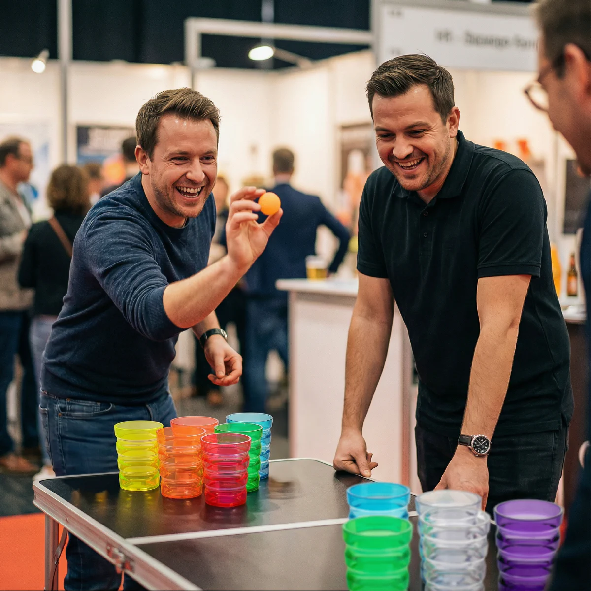 AI-gegenereerde foto van een beerpong-spel op een beursstand ter promotie van eetgerei voor ouderen