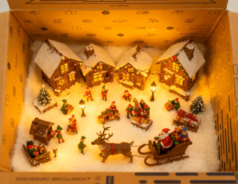 AI-gegenereerde kerst-unboxingvideo met een magisch winterlandschap in een kartonnen doos