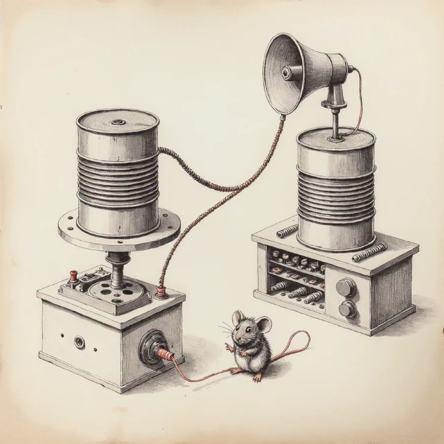 Two tin cans connected by an elaborate but functional string system