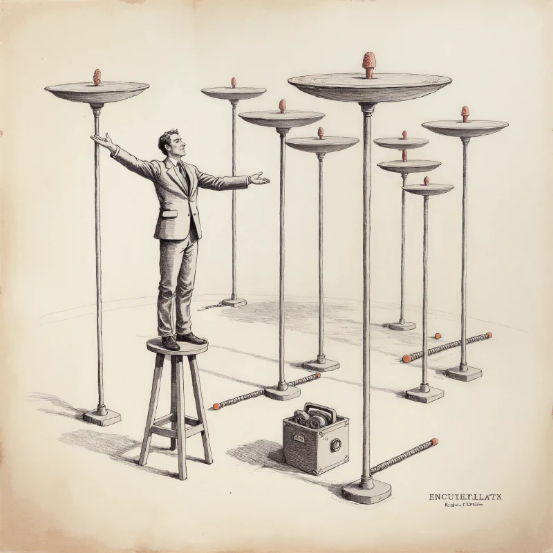 An overwhelmed builder juggling spinning plates